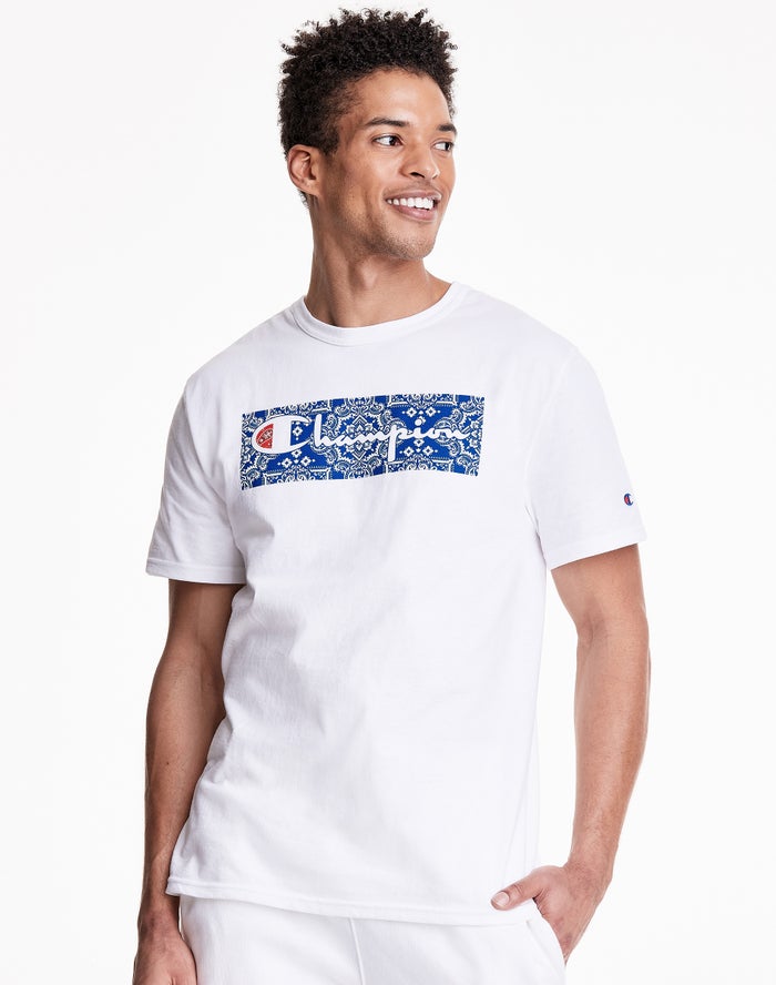 Champion T-Shirt Heren - Wit - Heritage Bandana Knockout With Vintage Script Logo ( 485936-DQA )